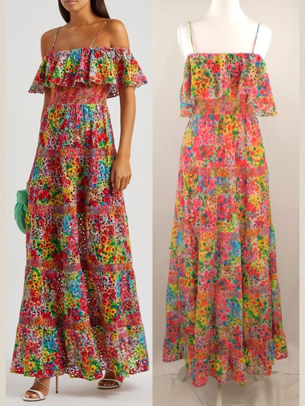 Alice+Olivia Kia Floral Tiered Eyelet Off-the-Shoulder Maxi Dress, Pink Multi